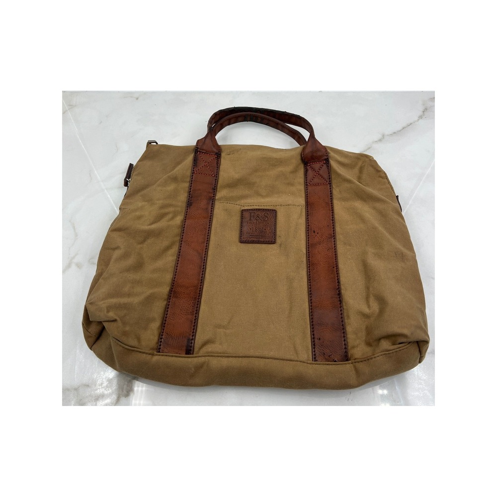 Field & Stream Canvas Tote Bag Tan Brown Faux Leather Trim Zip Top Travel Bag